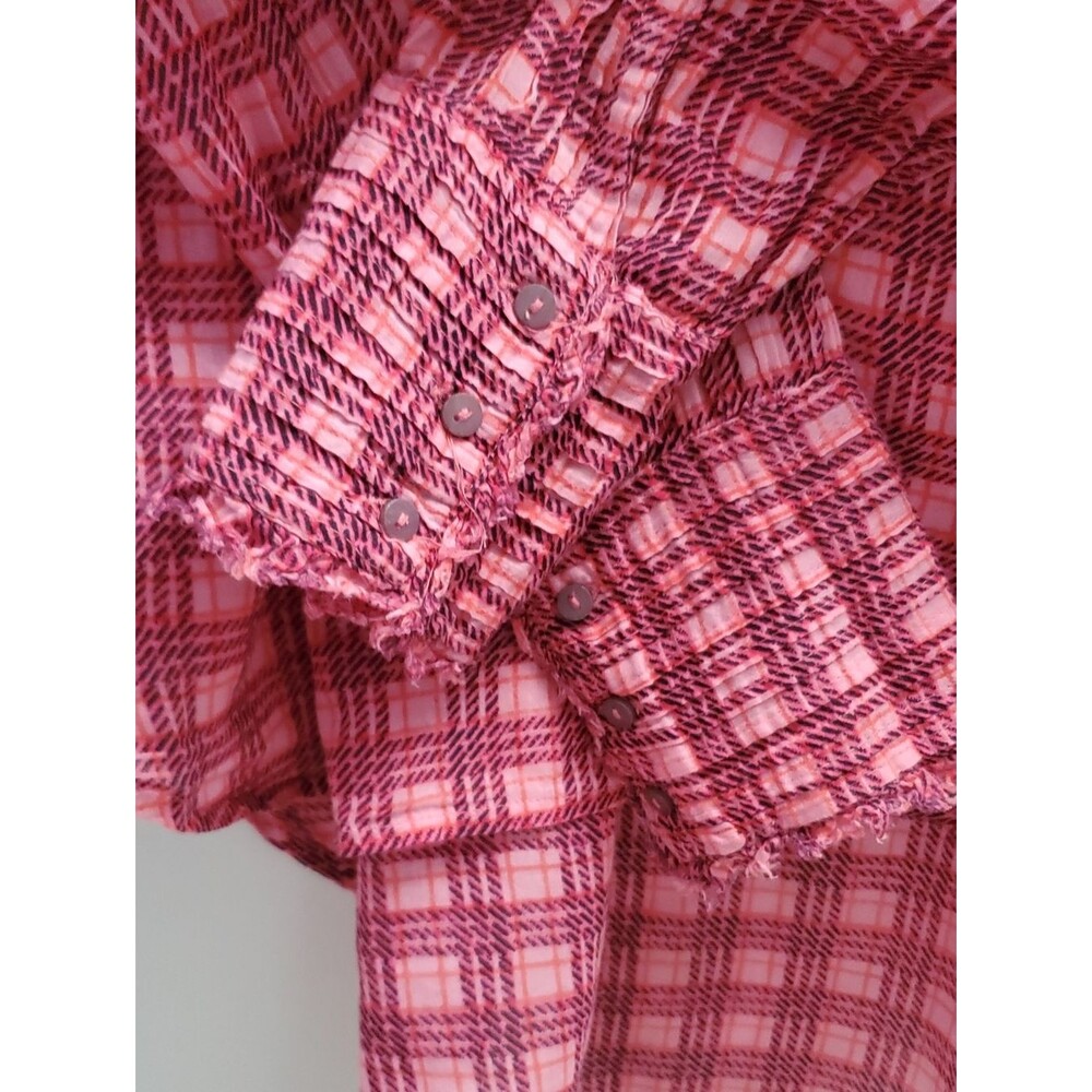 FP One Free People Plaid Miles Tuxedo Ruffle Top In Pink Combo Size Medium - Picture 8 of 10
